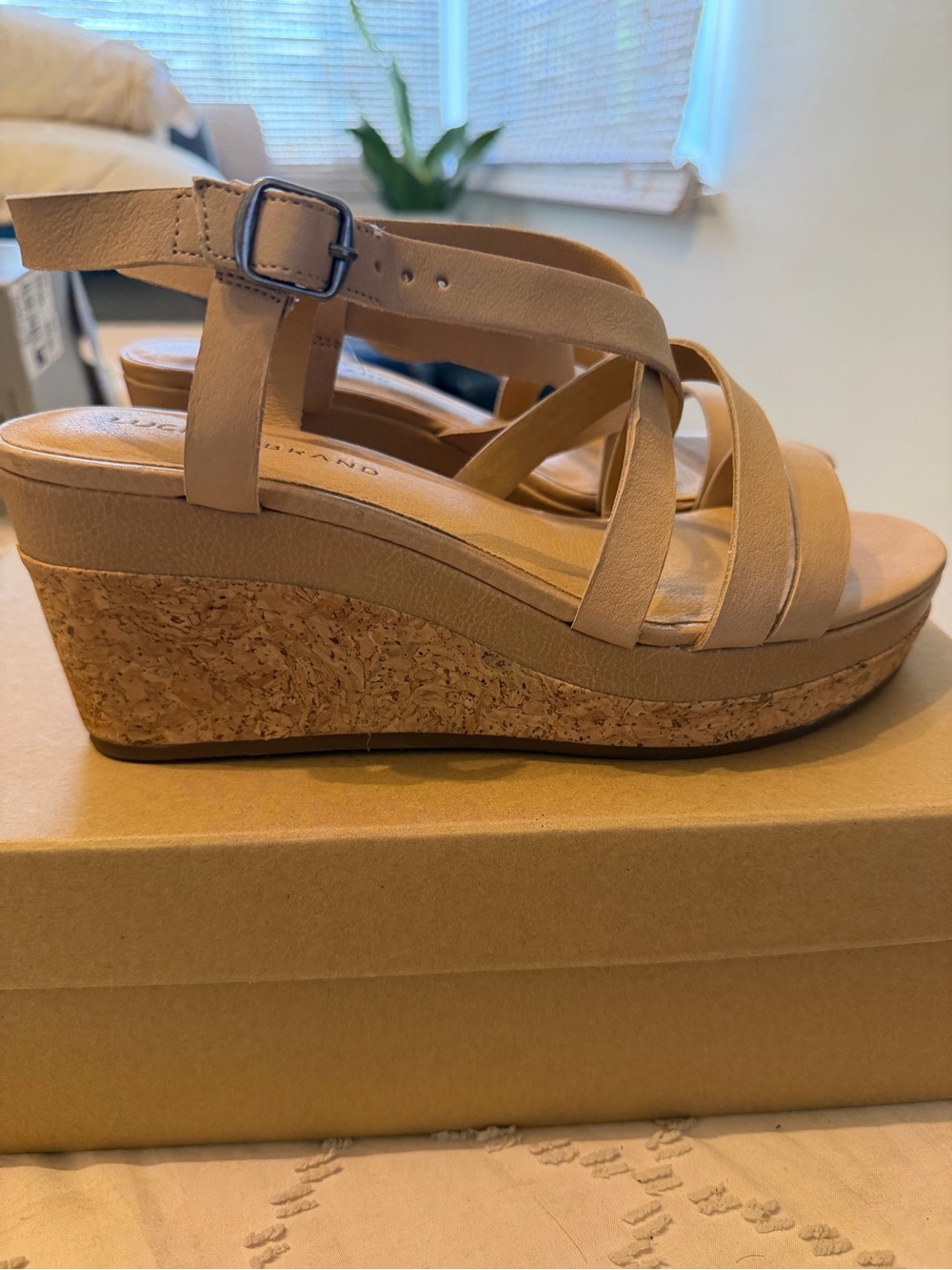 Lucky Brand Tan Cork Wedge Sandals - Strappy Ankle Buckle